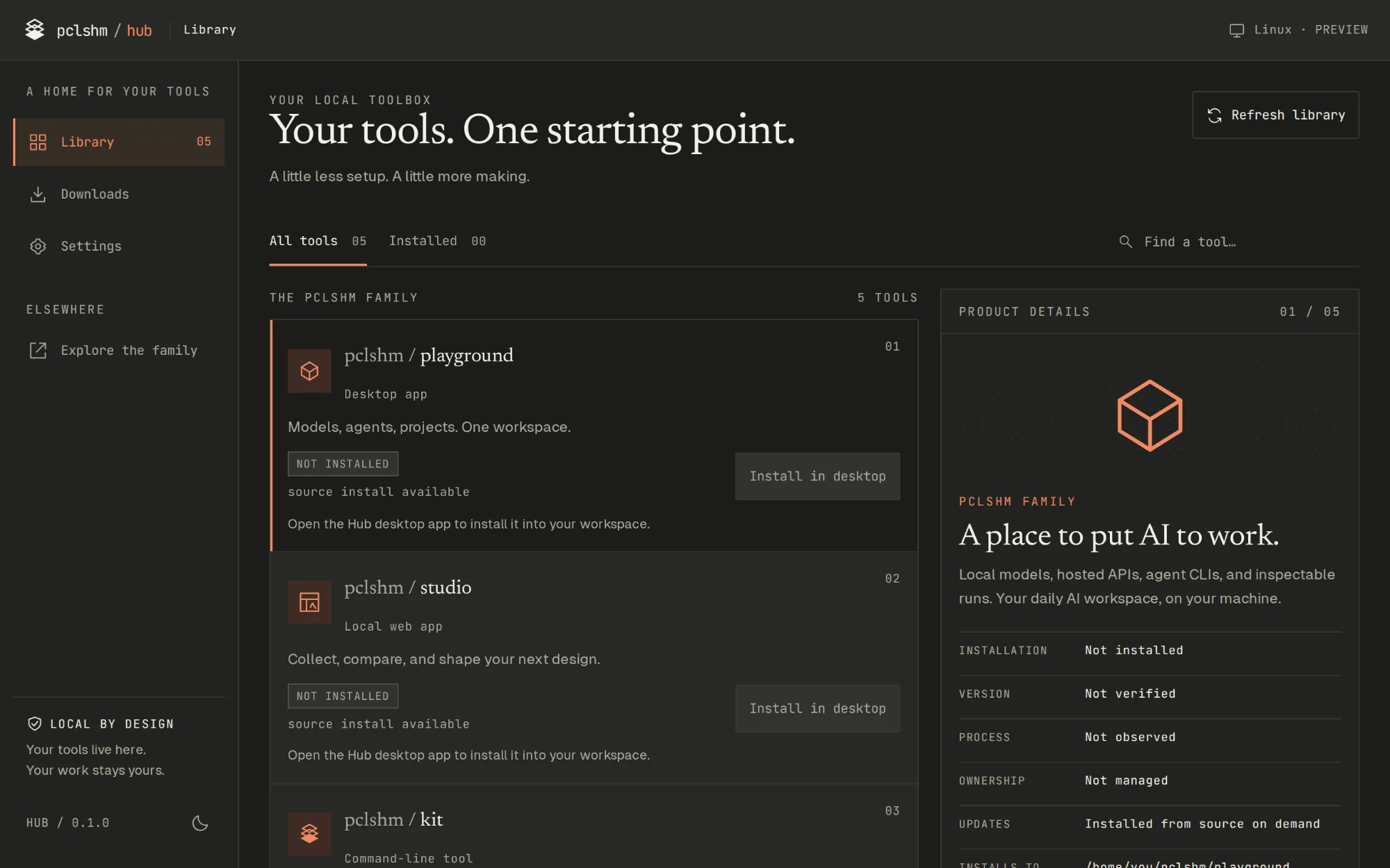 Hub's library in its dark theme: the five tools listed as rows, each marked not installed with a source install available, beside a detail panel for Playground.