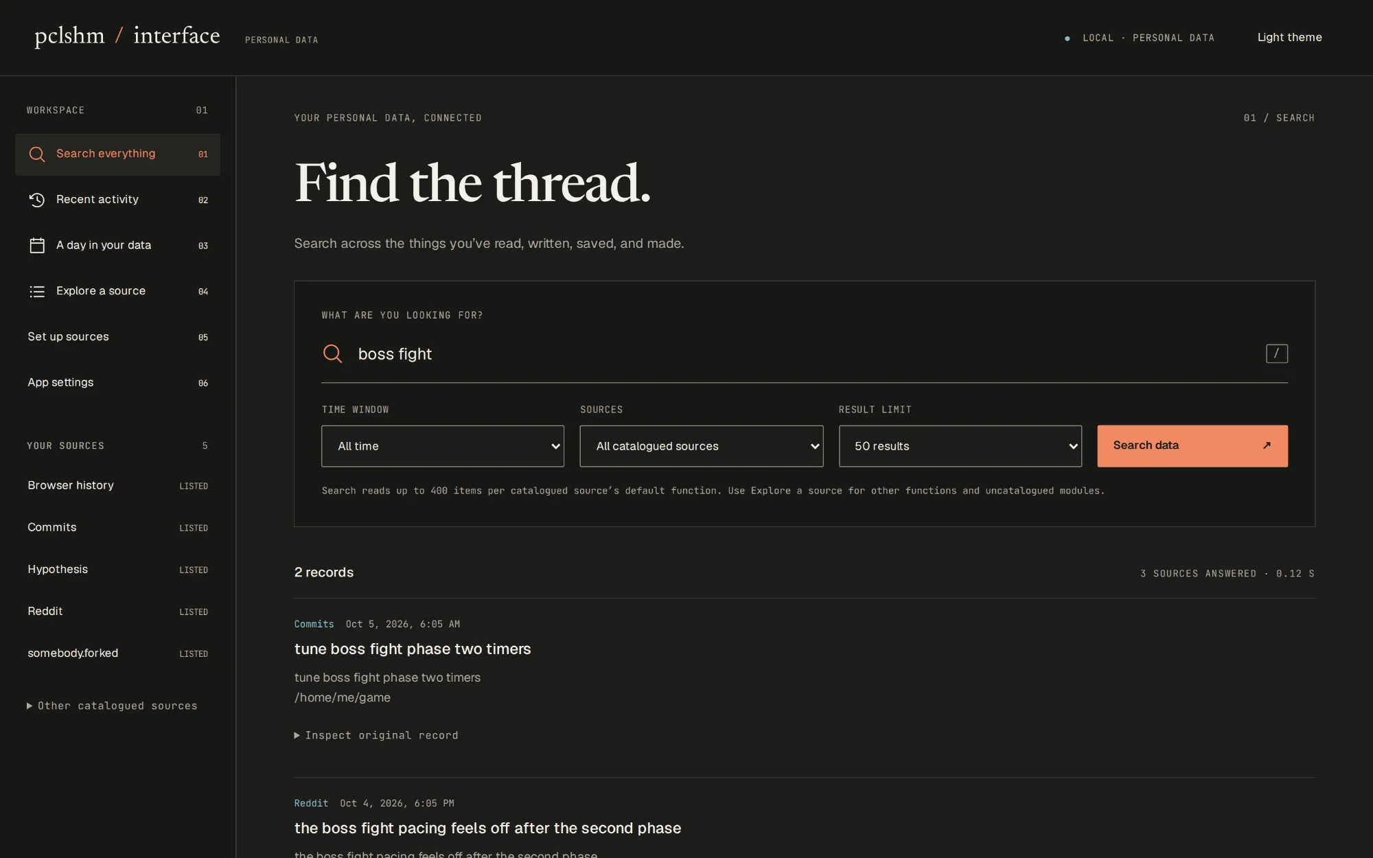 Interface's browser view in its charcoal theme: a search for “boss fight” across every catalogued source, answered by a commit and a Reddit comment, with the sources HPI lists on the left.