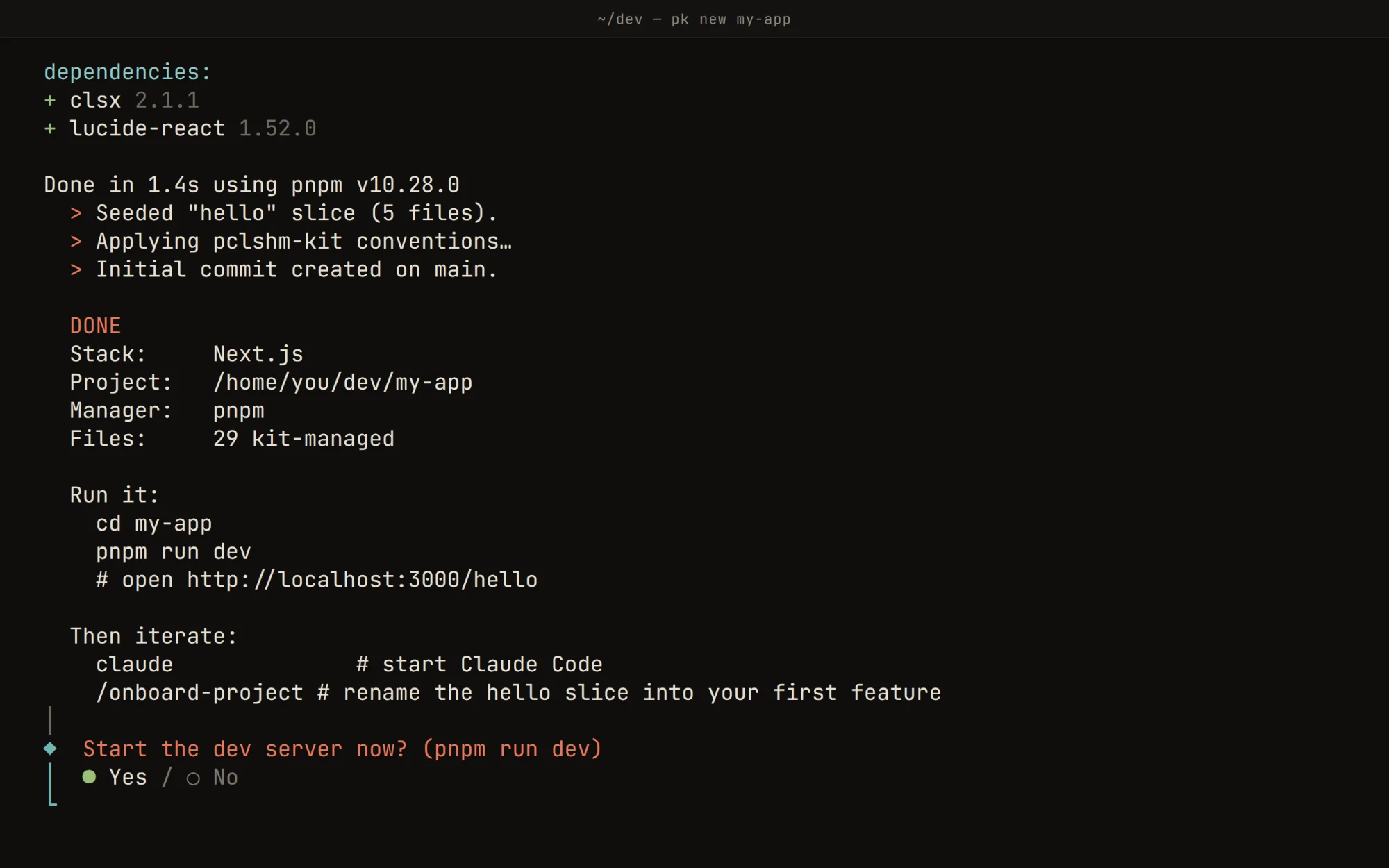 Kit in a terminal at the end of pk new my-app: the hello slice seeded, the conventions applied and committed, a summary of the new Next.js project with 29 kit-managed files, and the prompt to start its dev server.