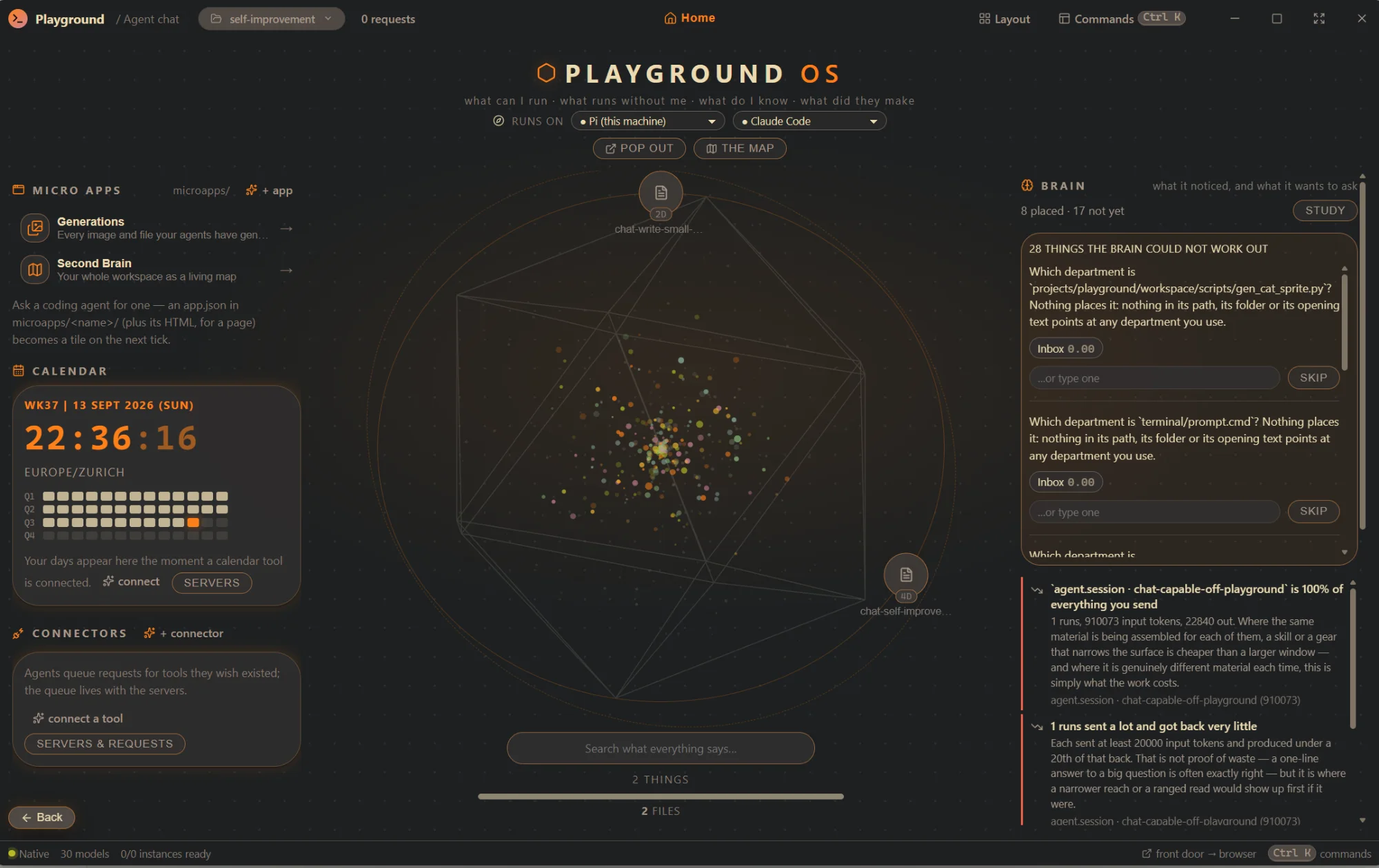 Playground's front door: a wheel of every artifact in the centre, micro-apps, the calendar and connectors on the left, and the brain's questions and notes on the right.