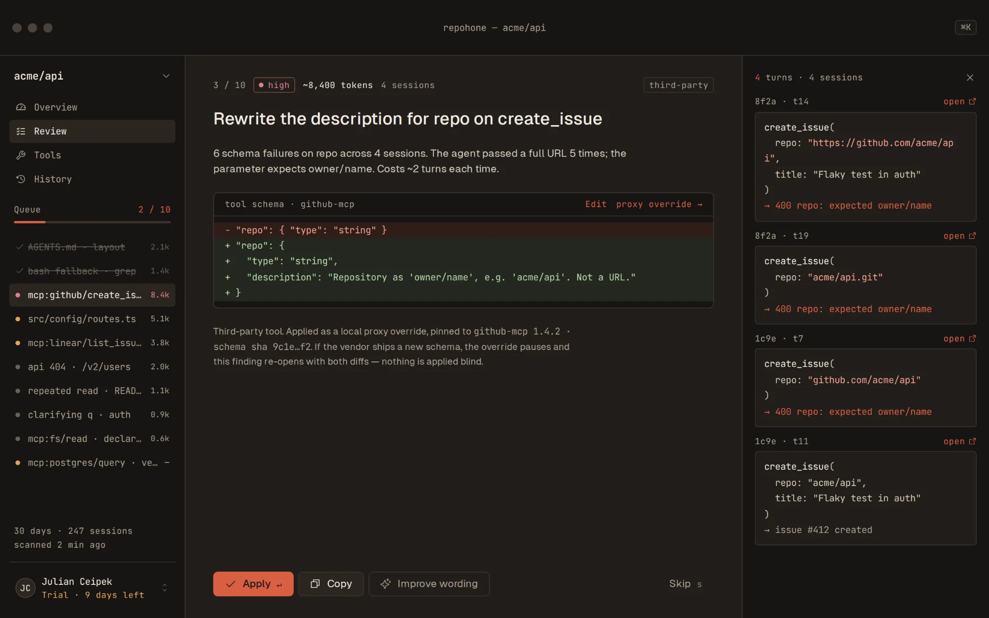 Repohone's review screen: a finding that asks for a sharper description of the repo parameter on create_issue, the schema diff that gives it, and the turns it came from, three calls rejected on that parameter and the one that worked, beside the queue of findings.